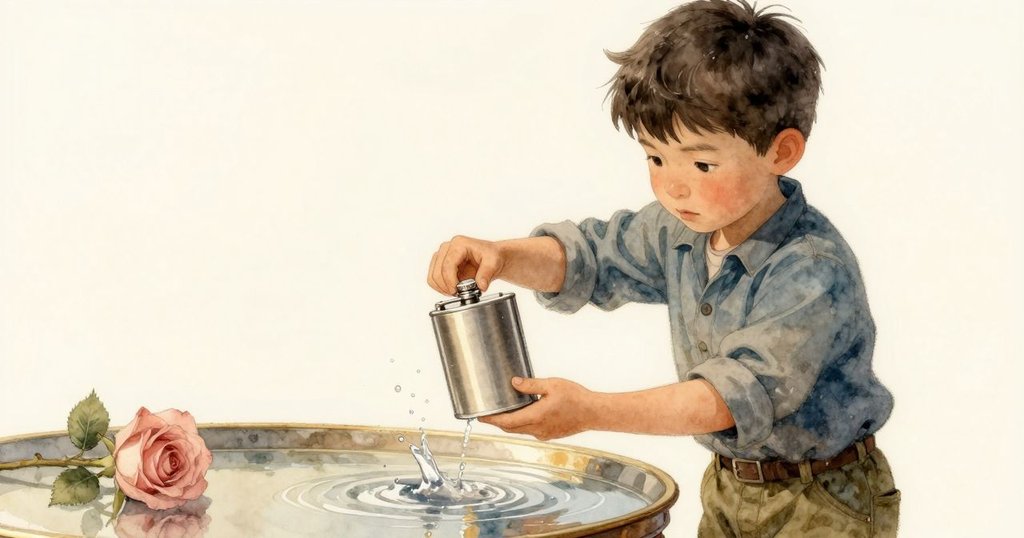 林登專注打開小錫瓶,水花在晨光中閃爍,呈現出希望與精準的象徵,背景為平靜鹽灘