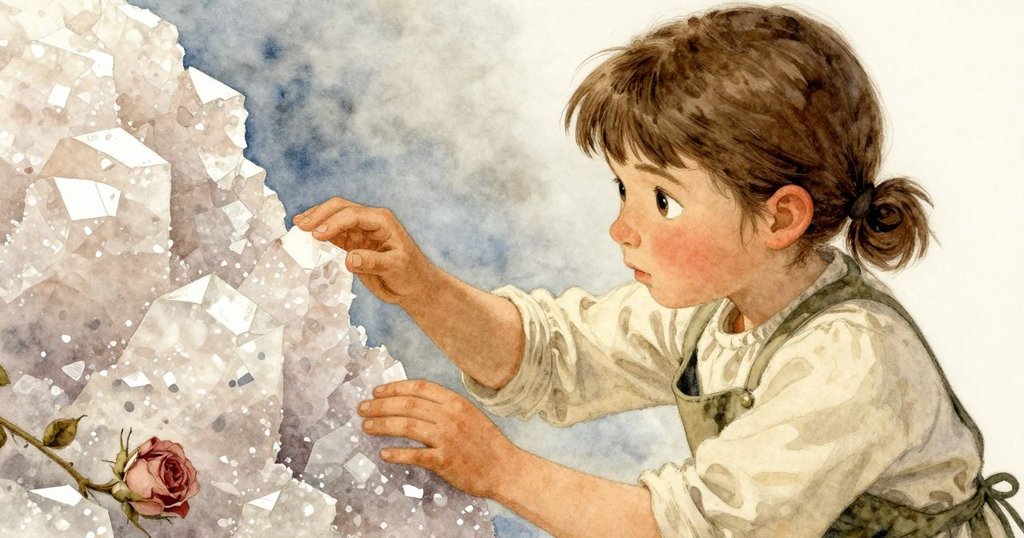 科琳彎腰檢查鹽脊,發現缺失處,傾斜角度呈現晶瑩鹽塊的細節,畫面充滿精緻質感