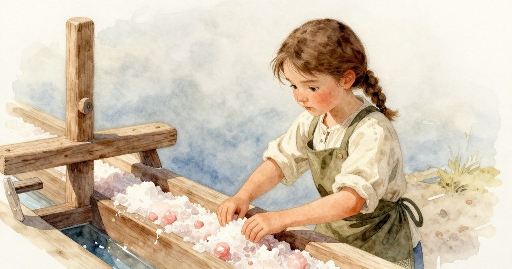 科琳在過渡空間中整理工具並調整多餘鹽脊,柔和午後光線下呈現出井然有序的工作氛圍