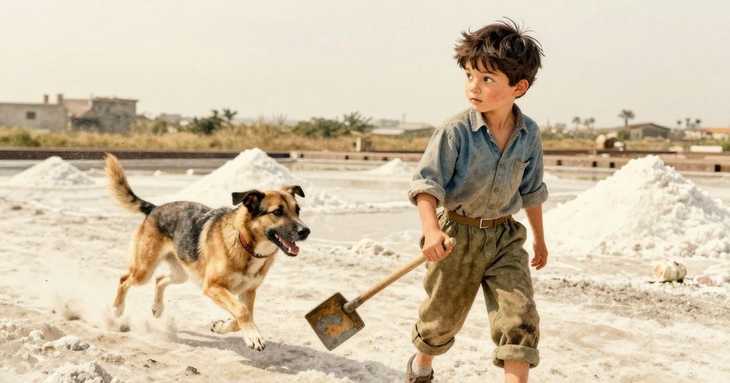 林登靜靜觀察,老狗在鹽灘上穿梭奔跑,動態活力與工具散落場景形成生動對比,氛圍熱情