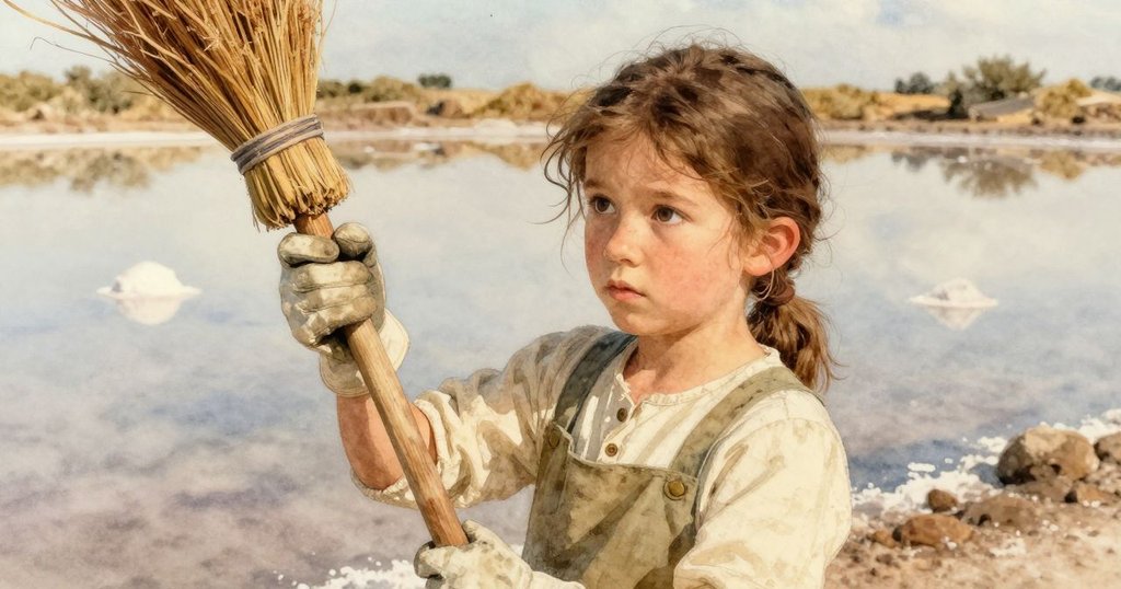 科琳在日落時分將鹽跡畫布手套掛於破舊掃帚上,近景捕捉其平靜動作與有序鹽灘的鏡面效果,寓意一天的循環