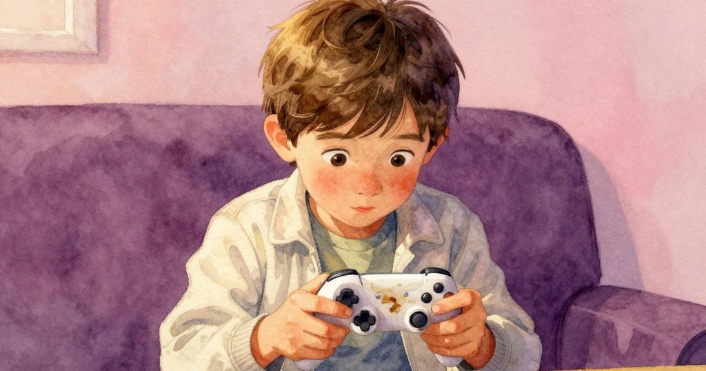 Britt專注檢查溫暖手持控制器，木板上的咖啡痕跡象徵日常挑戰，展現細膩與決心。