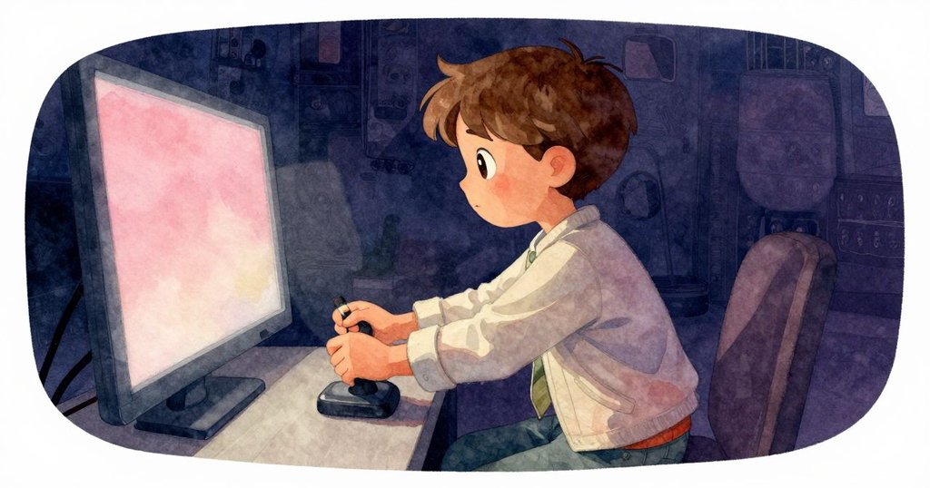 Britt調整操縱桿，眼前螢幕扭曲顯示樹頂扁平，空氣中彷彿有神秘共振，情緒矚目。