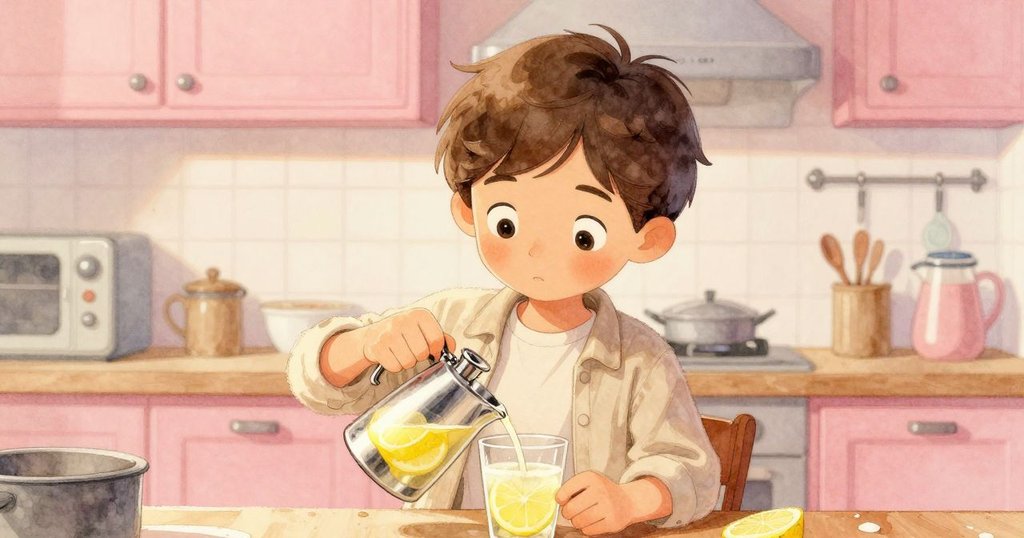 Britt移步至內部冷藏區，手持粉末檸檬水於凹痕水瓶中，室內光影溫馨而新奇。