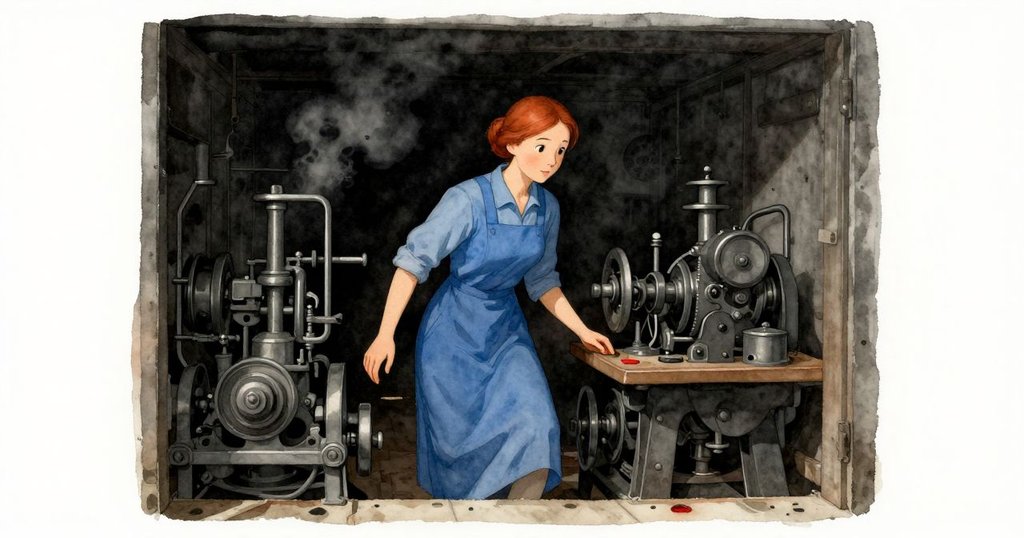 Ruby 穿越服務孔進入管風琴維修室，眼神堅定，背景展示老式機械與紅色點綴，營造溫暖氛圍。