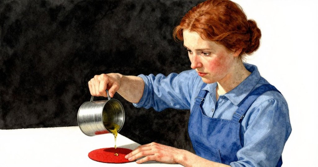 Ruby 小心舉起油罐，專注將油滴釋放於閥門絨布上，手部細節精緻，氛圍溫柔。