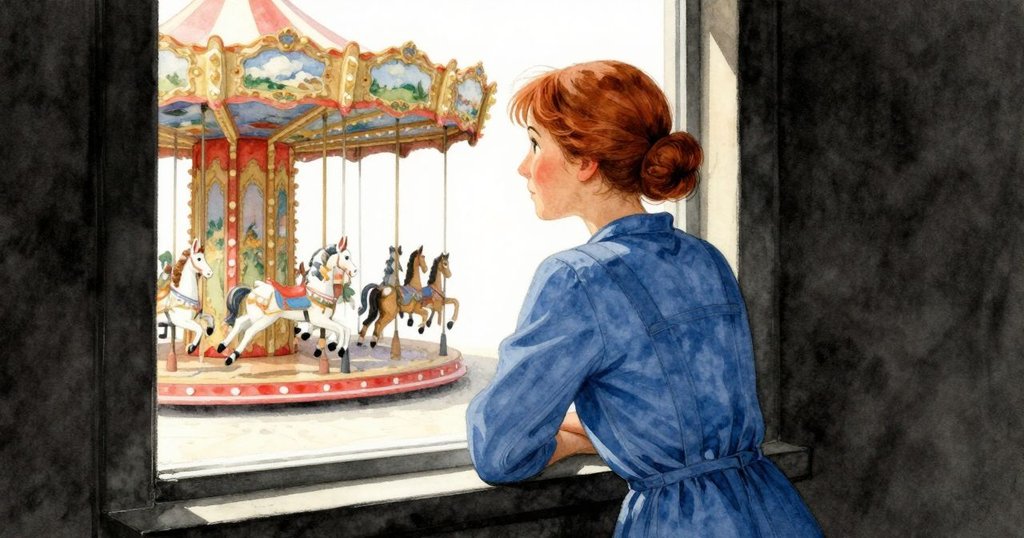 Ruby 靜立窗邊凝視外面，透過窗戶欣賞旋轉木馬與孩童笑聲，光線自然溫暖，充滿希望。