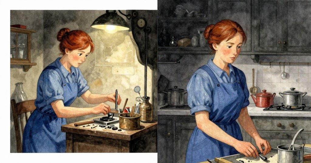 Ruby 同時呈現修理管風琴與溫馨揉麵回憶，畫面左右分割，現實與記憶交織，情感豐富。