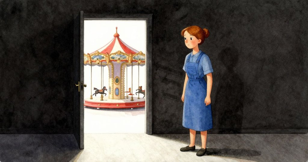 修復完成後 Ruby 回到服務孔邊，整個管風琴維修室在柔光中呈現平靜，遠處旋轉木馬和諧運轉，畫面寧靜。