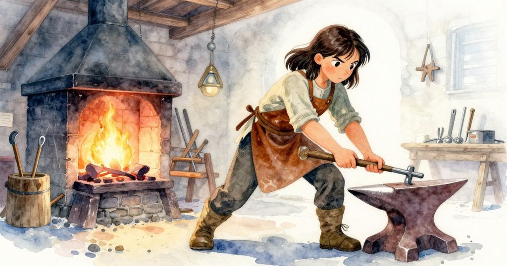 莉奧拉在爐邊工作，火光映出她的倒影與工具，場景充滿溫暖與活力，展現創造與變化的雙重面貌