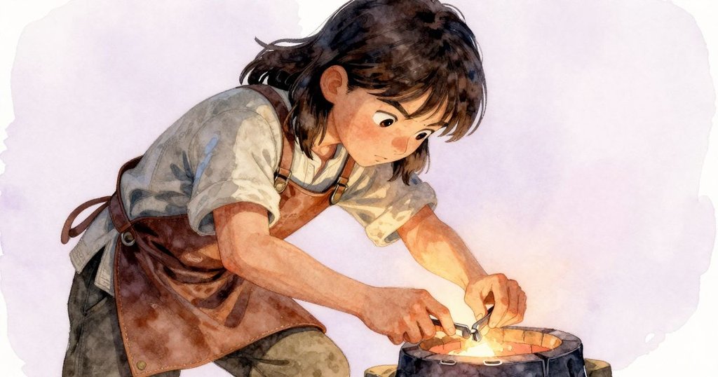 莉奧拉專注地用長鉗夾住發光的合頁，鏡頭特寫她的眼神充滿決心與專注，背景透露爐內暖光