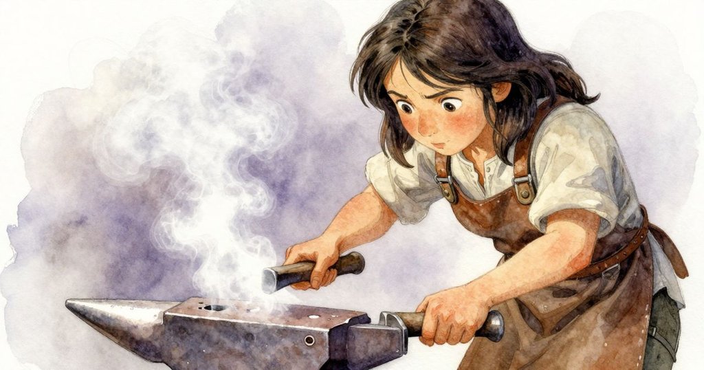 莉奧拉在爐內仔細檢查鐵砧上缺失的楔塊與凹槽，蒸氣緩緩上升，透露出神秘與精細的工坊氛圍