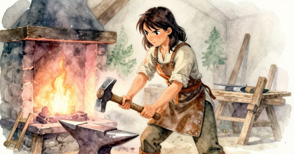 莉奧拉在爐邊努力擊打鐵砧，神情堅定，雖然手部有微痛但依舊專注於艱難的工序，場景充滿動感