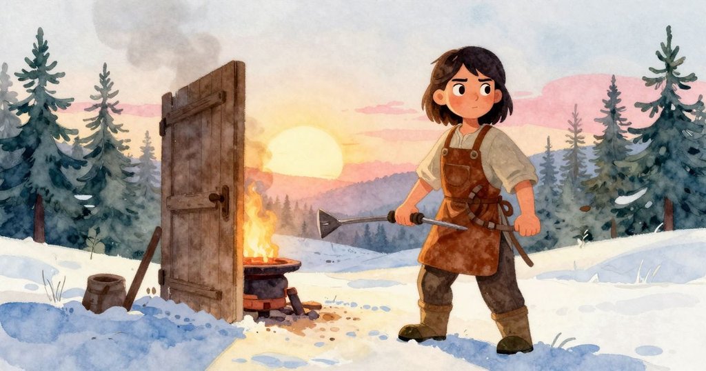 莉奧拉走出爐房，背向開著的門外金色夕陽映襯著漸冷的合頁與飄散的灰燼，呈現寧靜而充滿希望的結局