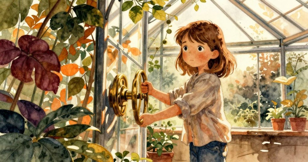 在溫室中，Thea專注轉動銅製通風閥，綠葉搖晃，光影交錯，展現專注期待的情緒