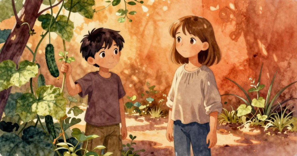 透過小門觀察，Thea在盆栽旁忙碌，Miles輕步穿過黃瓜藤，背景充滿溫暖綠色與細膩光影