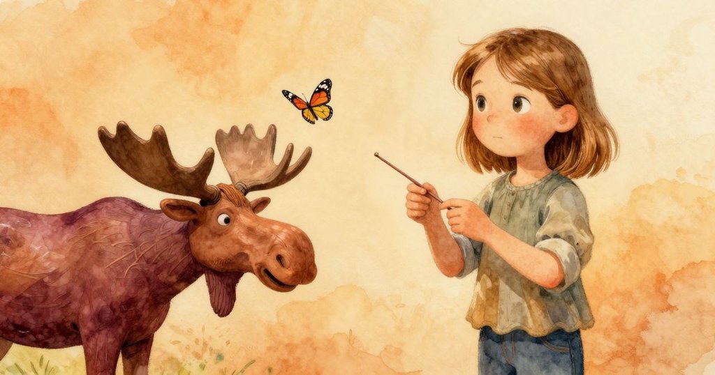 Thea暫停編織，手中勾針停留空中，蝴蝶在陶製小鹿上停駐，現實與夢幻交融，情感舒緩