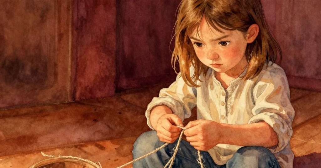 近距離捕捉Thea緊握勾針，手部努力纏繞劈裂麻繩，臉上展現出挑戰與決心，情緒真摯