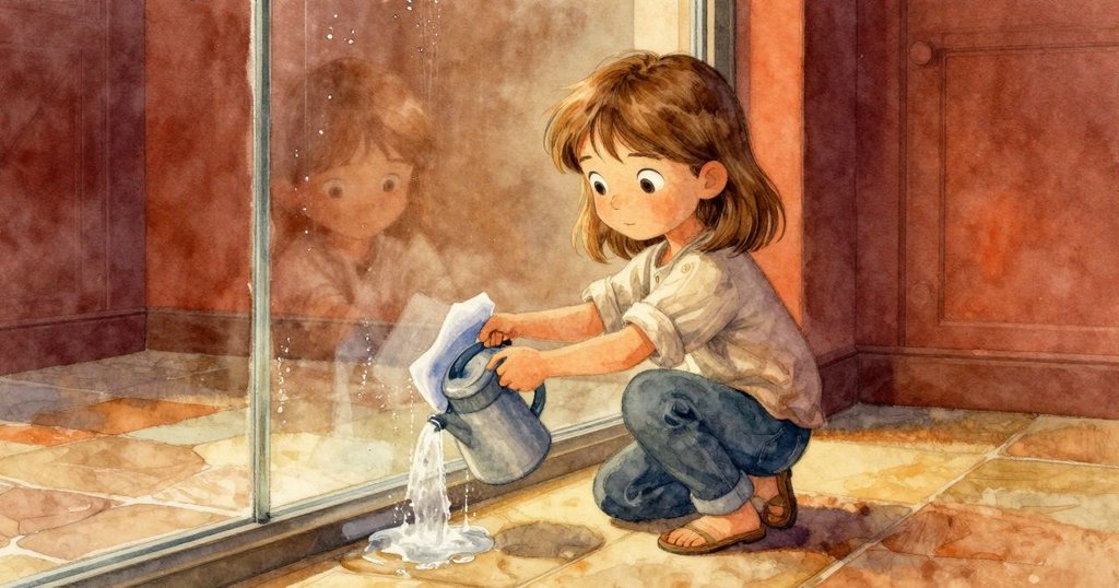 在溫室內，Thea轉向使用澆水壺，水沿著石板流下，她擦拭玻璃上的水珠，場景充滿平靜與希望