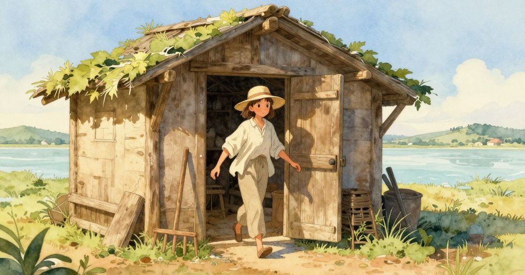 Thea在鄉村小屋外調整草帽，踏在脆弱地表上，背景展現晨光與鏡面鹽池，氛圍充滿期待與好奇。