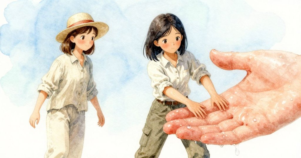 從微小生物視角看，一隻甲殼類在濕潤手指上爬行，展現出精細透明足部與探索好奇的神情。