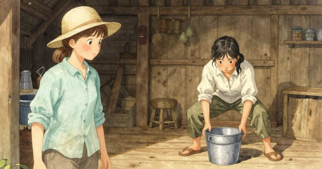 在小屋內，Dana彎腰提起滴水水桶，Thea在旁觀察，木質地板與柔和光影營造出靜謐工作氛圍。