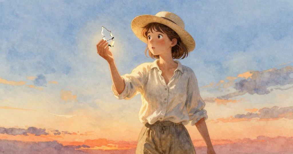 Thea在門檻上小心提起碎片，細緻的裂痕與漂落粉末引發緊張期待，表情充滿驚奇與小心。