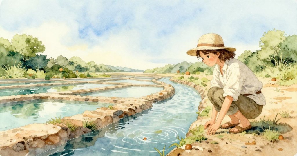 在廣闊的溢流池中，Thea蹲於流水旁細看微小生物隨水漂流，彰顯自然界微觀與宏大空間的奇妙對比。