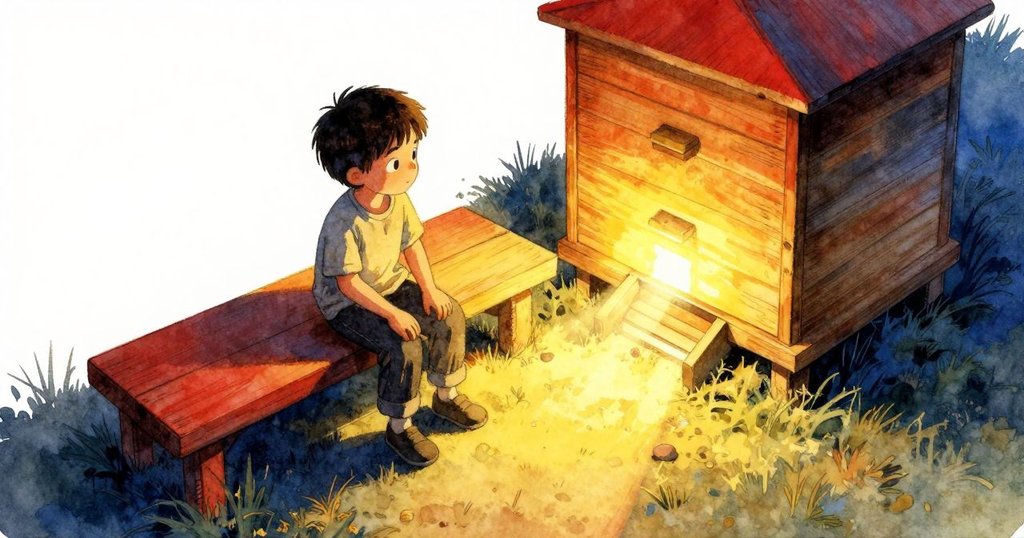 Joel站在戶外低凳旁觀察蜂巢入口，金色光線灑下，景深遼闊，充滿期待與好奇心