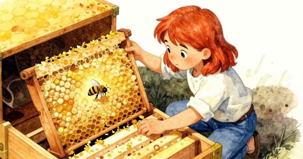 Renn從高處俯視蜂巢內部，仔細觀察懸掛蜂框間漂浮的蜜蜂，滿懷驚奇與專注，呈現精緻結構