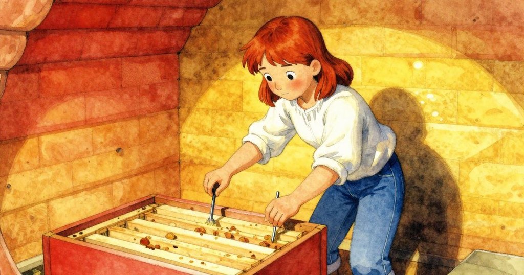 Renn在狹窄蜂巢內運用鋼製撬棒輕滑於蜂框間，動作精確，小心翼翼調整木條位置，氛圍細膩