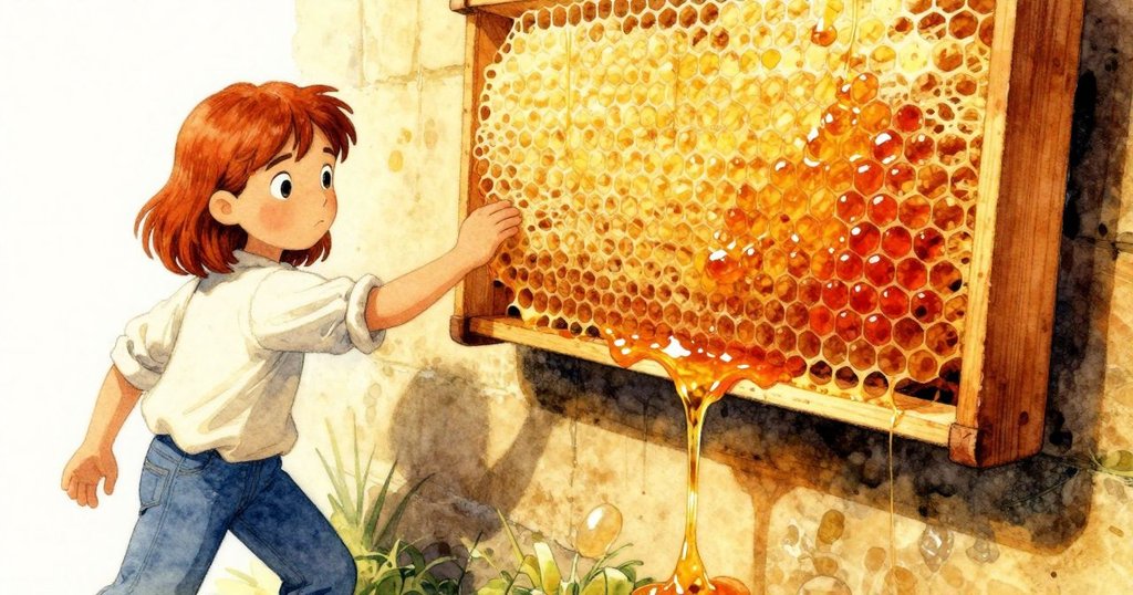 Renn操作中意外引發蜂蜜流動，形成細長琥珀蜜線沿蜂巢牆緩緩滑落，充滿動態與溫暖光影