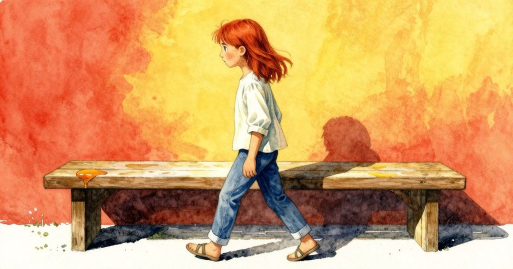 Renn將蜂框放回後離開低凳，注視邊緣上粘稠蜂蜜，表情沉思，環境陽光柔和暗示豐收序幕