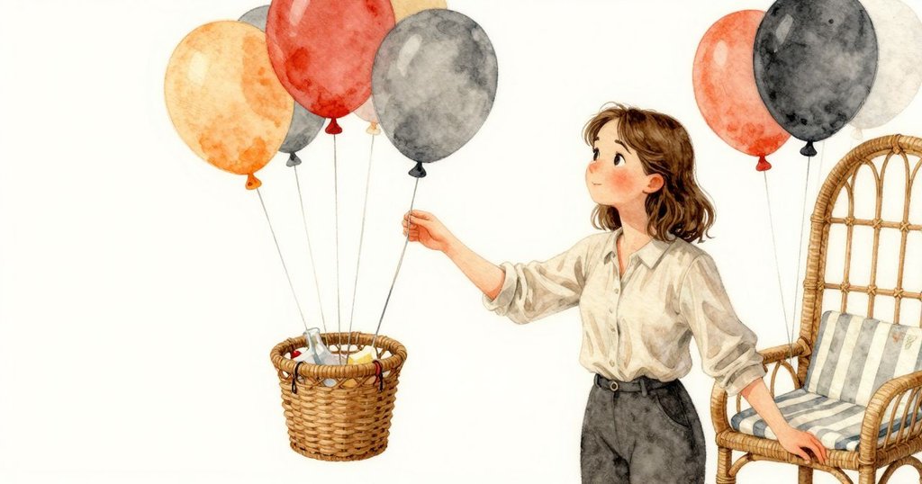 萊諾拉在熱氣球籃角落中凝視閃耀條紋布片，藤條細節與橙色光暈映出靜謐情境