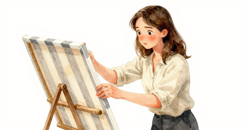 萊諾拉專注地用手指夾住條紋布片，拉扯間展現內心堅定與細膩張力，籃內細節豐富