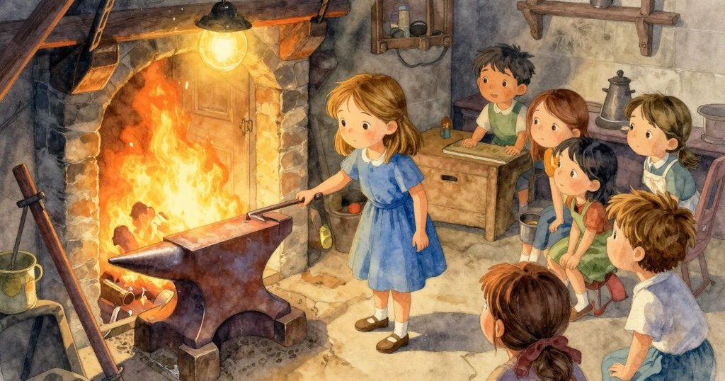 莉莉站在敞開的門口，從上方俯瞰鍛造爐內廣闊場景，表情專注、好奇