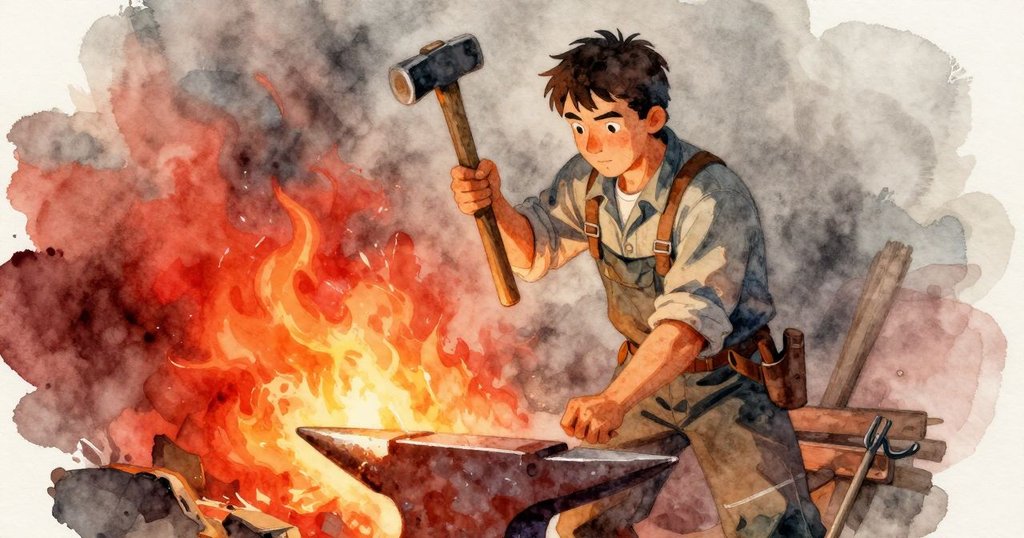 艾瑞克以低角度被拍攝，正高舉錘子準備敲打鐵砧，火光與蒸氣營造出莊重氣氛