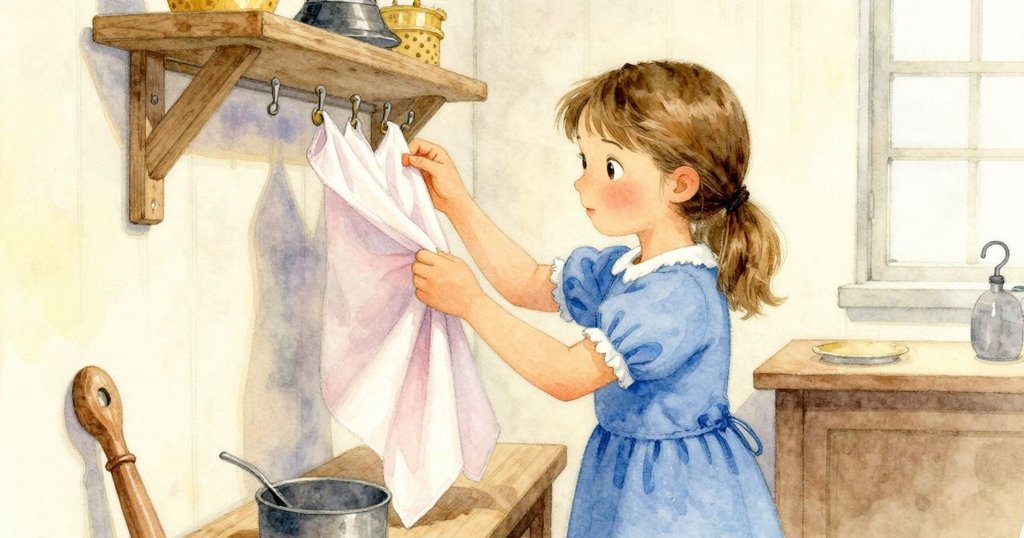 莉莉在鍛造室內溫暖工作區取下柔軟布巾，動作專注、神情細膩