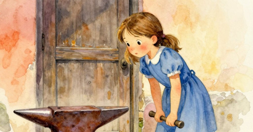 莉莉靠在老舊門邊，靜靜聆聽鐵砧的敲擊韻律，背景中艾瑞克持續作業，氣氛溫馨平靜