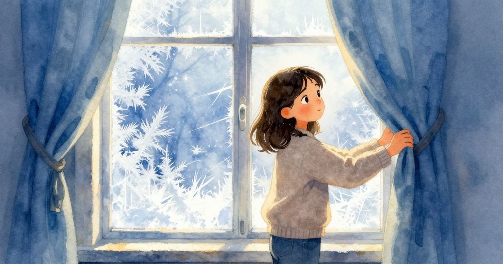 Selene在晨光照耀的房間中拉開厚重窗簾,露出覆滿霜花的高大窗戶,神情平靜而專注。