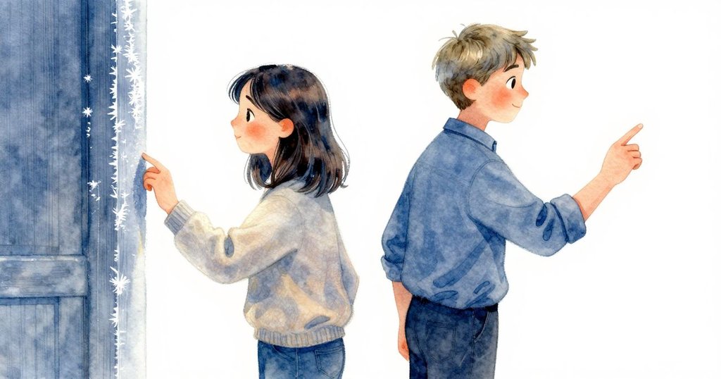 Selene用手指輕觸窗戶上結霜的痕跡,特寫展示粗糙木質紋理與閃爍冰晶的細節。