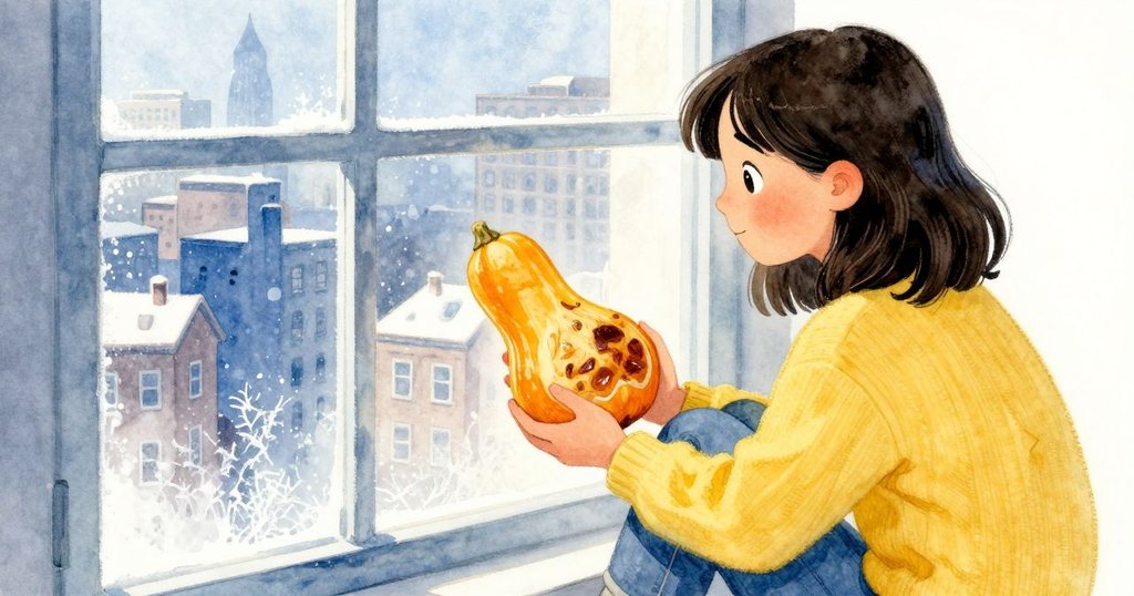 Selene將溫熱南瓜放在霜凍窗戶上,透出微型城市景致,展現出室內外神奇互動的瞬間。