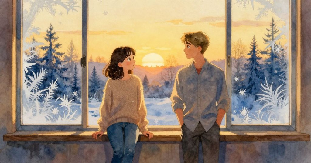 Selene和Grant在金黃色夕陽下,停留在呈現冰霜拼貼效果的窗前,靜靜欣賞著窗外變幻的景致。