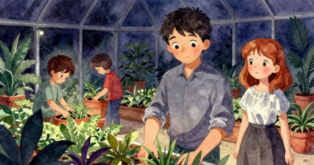 Oren和Yvette在溫暖室內花園中工作,玻璃板上映出水痕,他們忙碌而專注,展現開始努力的情景