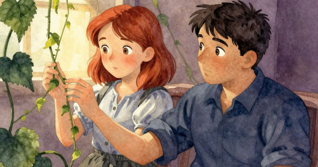 Oren專注凝視垂下的藤蔓,神情中透露出些許擔心與決心,背景中隱約可見室內環境