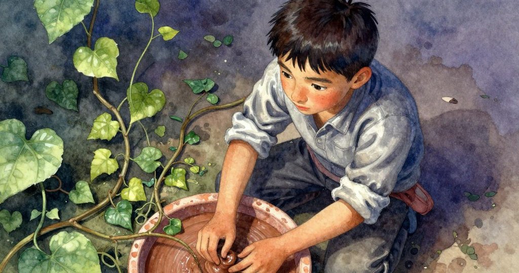 從上方俯瞰,Oren跪在泥盤旁細查纏繞藤蔓與露水充沛的根部,呈現細膩專注的工作瞬間