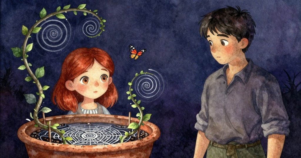 泥盤上藤蔓與螺旋支架形成奇幻幾何圖形,水滴映出光影,一隻白蝶靜臥其間,呈現超現實景象