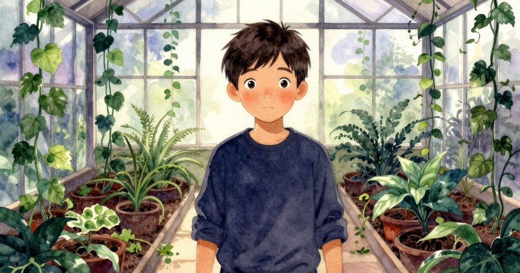 Oren面對前方,神情堅定欣賞整理整齊的藤蔓,室內花園中開闊通道展現新希望與未來之路