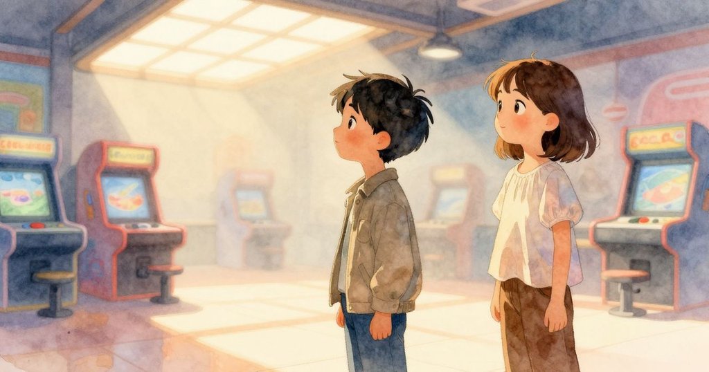 Cyrus 和 Colette 站在拱廊中,晨光透過天窗灑下,室內充滿柔和微霧與溫暖期待的情緒