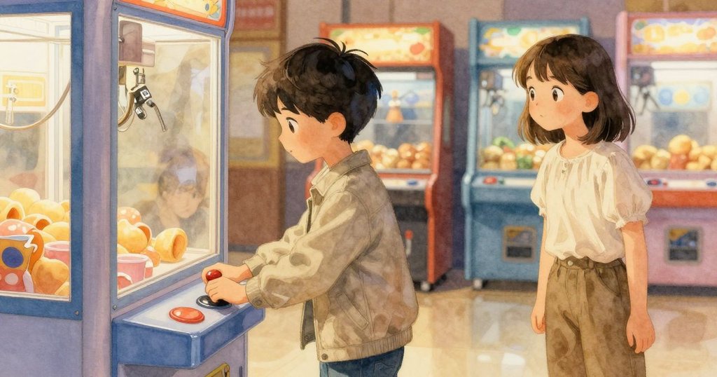 Cyrus 操作抓娃娃機,Colette 輕握紙杯對望玻璃,兩人動作中展現溫暖默契和專注情緒